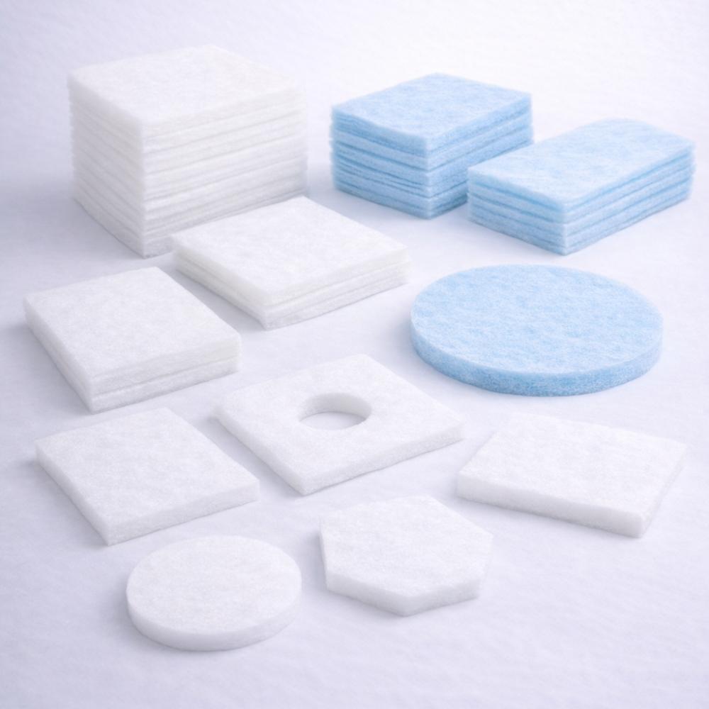 Pads filtrantes de manta sintética cortados a medida en diferentes formas: cuadrado, circular y hexagonal para sistemas HVAC.